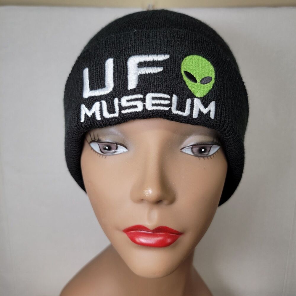 UFO Museum Unisex Black Knit Beanie, Embroidered Logo